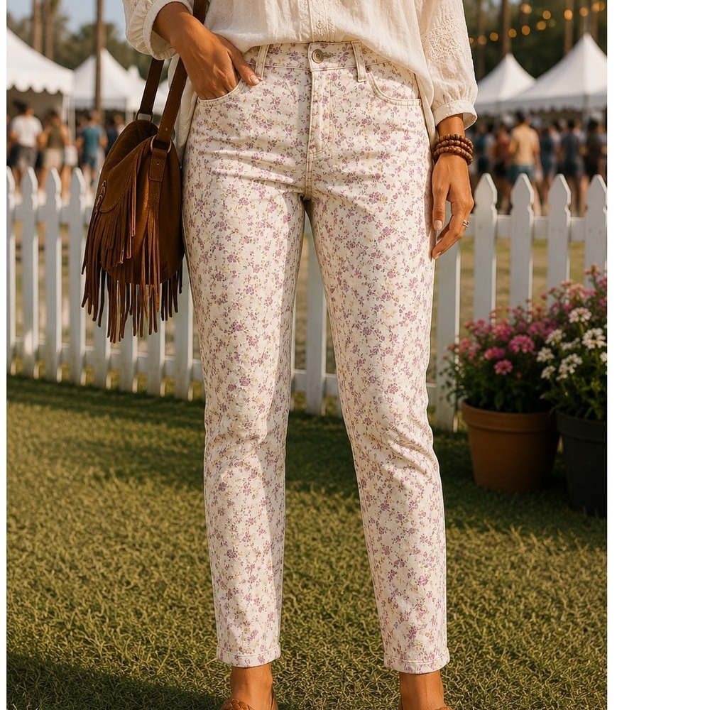 Mossimo Supply Co Womens Skinny Floral Print‎ Pants Purple White Stretch Size 15